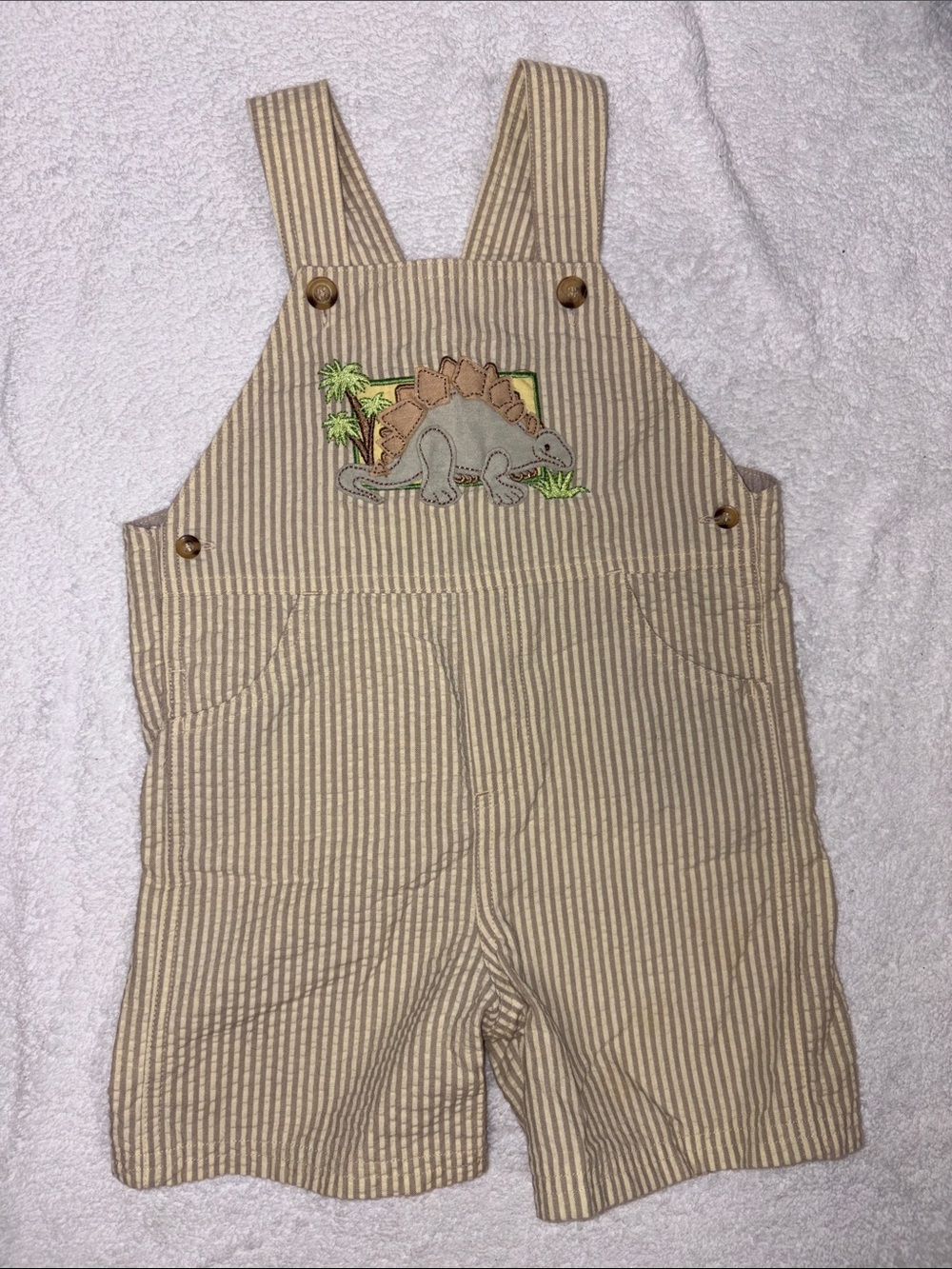 Good Lad Tan & yellow Striped Dinosaur Short Overalls shortalls size 3t